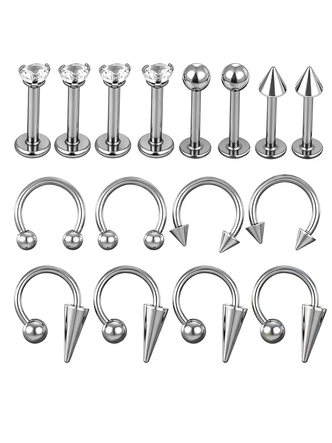 16 Pcs Lip Rings Set, Barbell Ring Horseshoe Labret Jewelry, Mouth Jewelry, Lip Labret Studs, Long Short Spike Ball, Snake Bites Lips Piercing, for Women Men