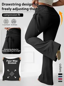 Women's Plus Size Flare Pants with Side Drawstring Ruching Design, Soft Stretch Fabric, Fashion Essential, Solid Color High Quality
