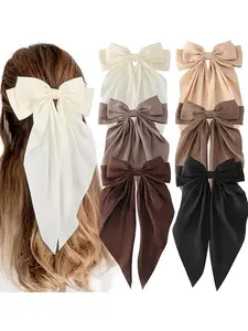 6pcs Oversized Bows for Women & Girls, Long Tail Satin Ribbons, Hair Ties, Thick & Thin Hair Accessories, Stylish Hair Decorations, Hair Clips, Hair Clip Set