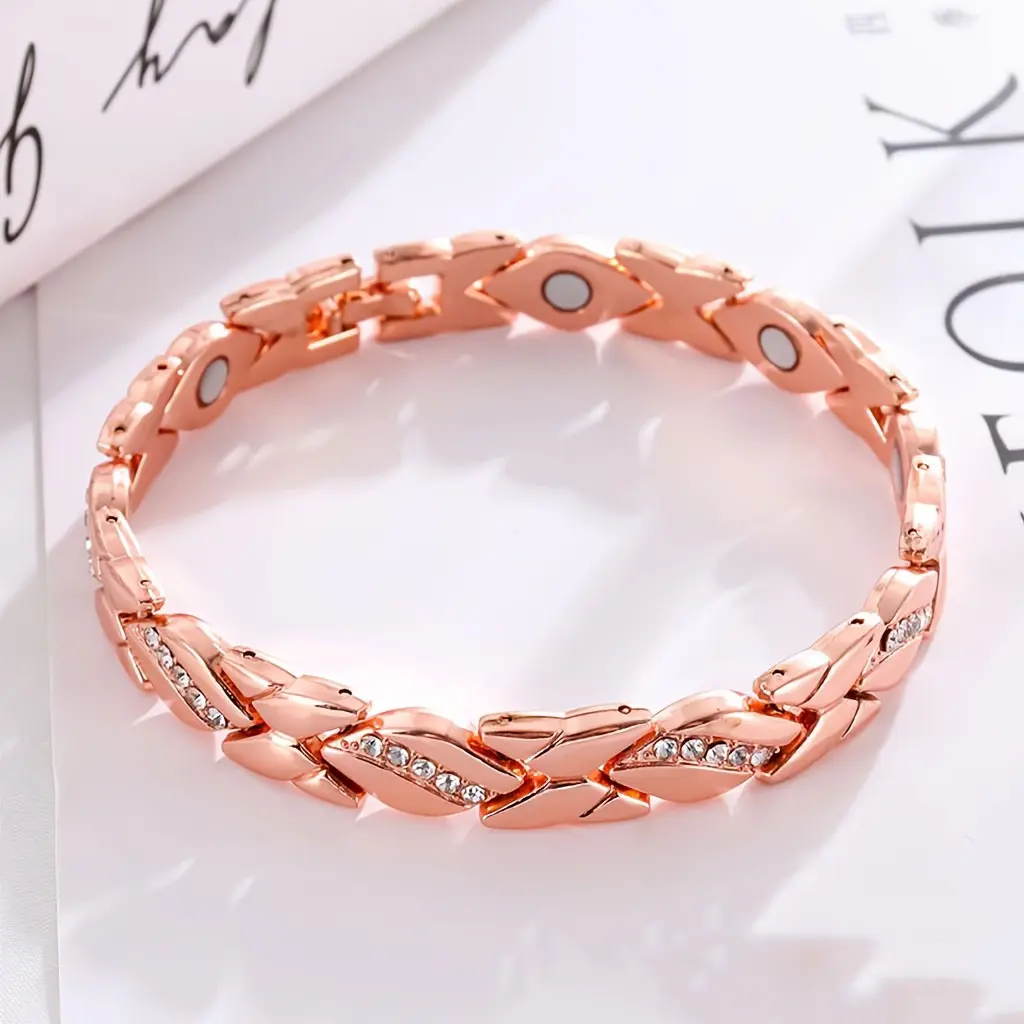 Women's leaf bracelet, pure copper magnetic bracelet with diamonds, 3500 gauss effective magnet, outdoor fun