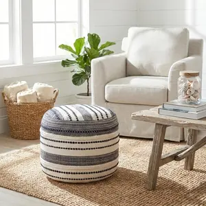 Fenric Handmade Farmhouse Striped Round Indoor Medium Pouf Ottoman, Navy Blue