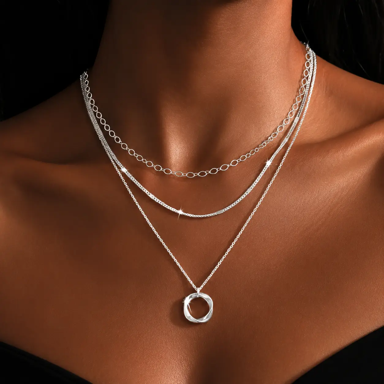 14.89 Inch 925 Sterling Silver Layered Necklace - Fashionable circular pendant design, suitable for parties, vacations, and gifting. Timeless Appeal