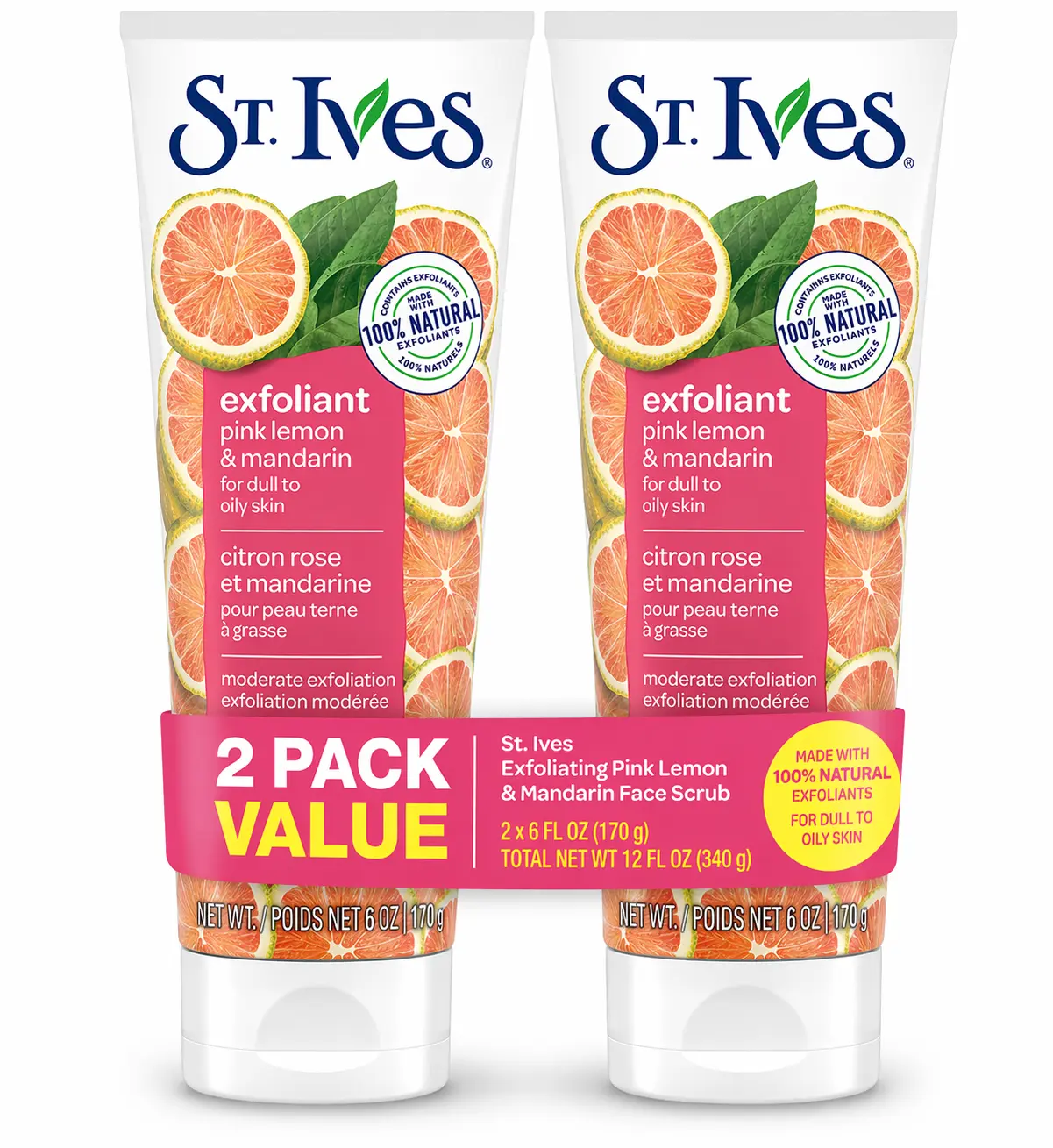 St. Ives Pink Lemon & Mandarin Face Scrub (2-Pack, 6 oz Each) – Brightening Exfoliant for Dull Skin