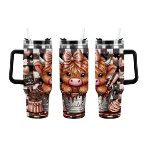Highland Cow 40oz Tumbler - Cute Brown Heifer with Bow & Chocolate Design Stainless Steel Tumbler with Handle & Straw, "Love is Sweet" Themed Insulated Cup, Gift for Cow Lovers