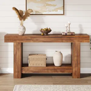 YJ-Garvee Farmhouse Console Table for Living Room, Long Console Table for Entryway, 2-Tier Large Sofa Table with Storage, Entryway Entry Table for Entrance, Hallway, Brown, 63"