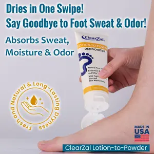 ClearZal Lotion-To-Powder Deodoriser , hyperhidrosis recommended solution to stop sweaty, smelly feet, Helps prevent blisters, Great for hyperhidrosis 3.4oz