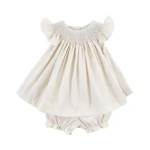 Geo Smocked Tan Gingham Angel Sleeve Bloomer Set
