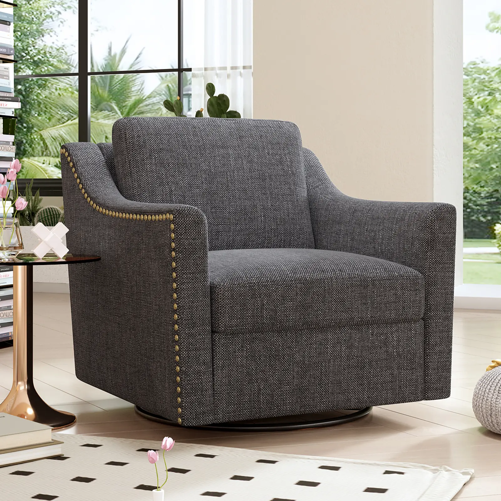 360 Degree Swivel Armchair Cotton linen skin-friendly fabric Ergonomic design Brass nail decorative armchair Living room chairs Bedroom chairs Living room chairs Black legs Suitable for indoor homes