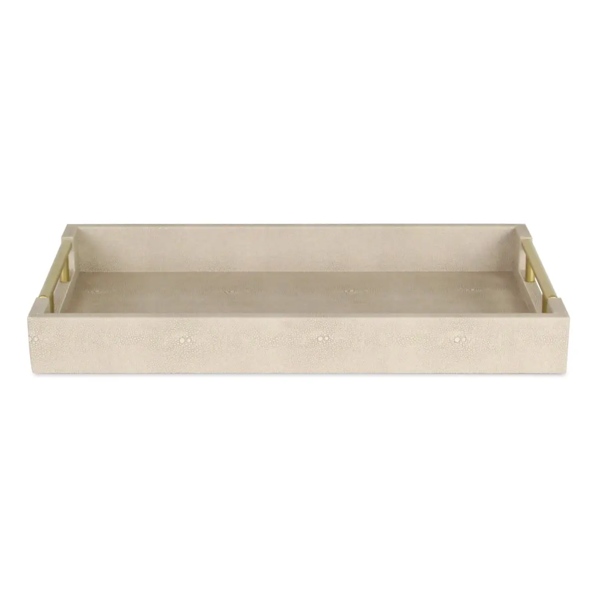 16 in. Rectangular Kitchen Decorative Wood & Vinyl Faux Shagreen Serving Display Tray with 360-Degree Stand, Gold Handles, Cream Modern Minimalist Gift, Wedding