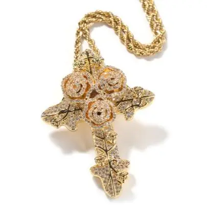 Large gold rose cross necklace