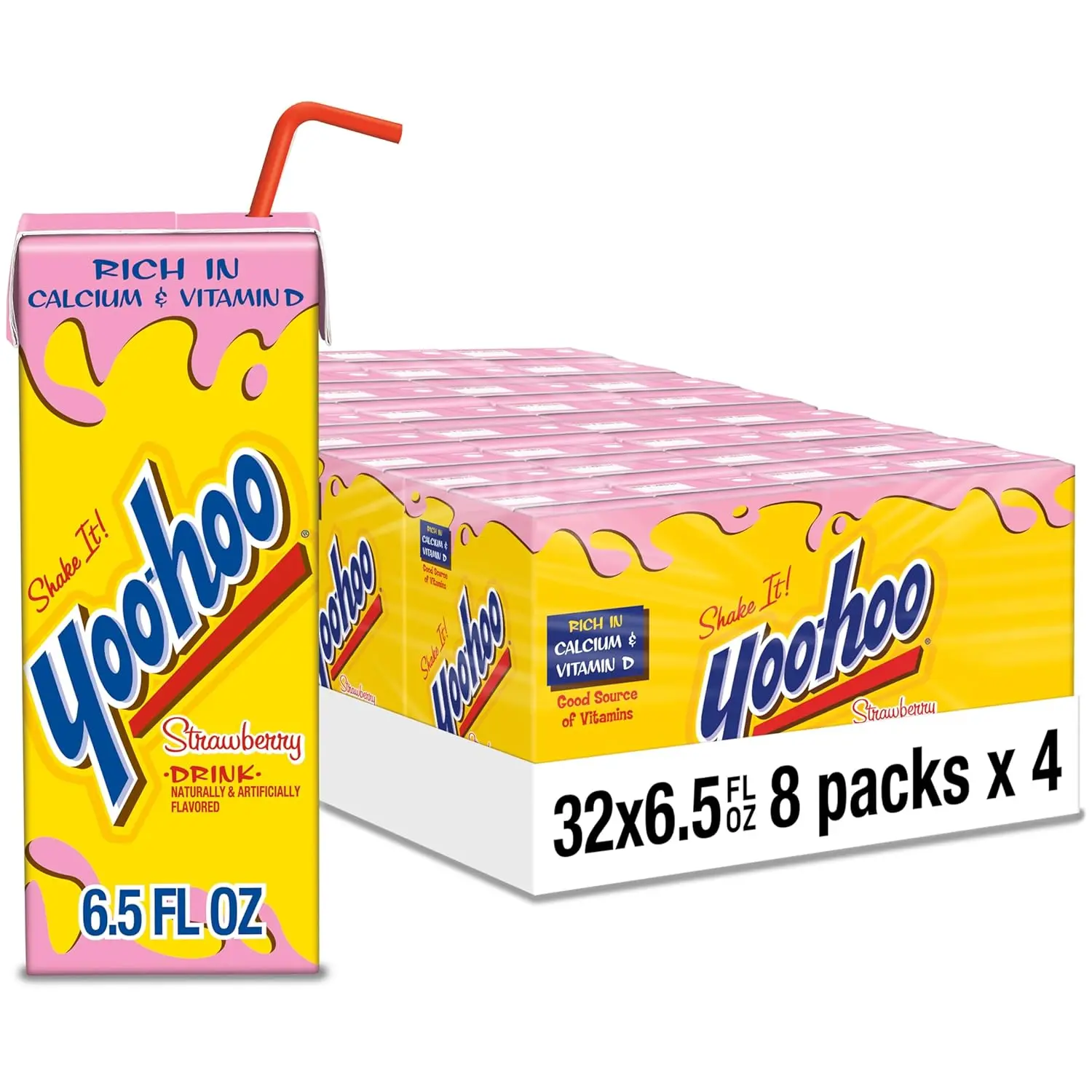 Yoo-hoo Strawberry Flavored Drink, 6.5 fl oz Boxes, 32 Count (4 Packs of 8), Ready to Drink, Caffeine-Free, 99% Fat-Free, High in Calcium & Vitamin D