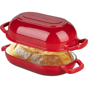 Enameled Cast Iron Sourdough Bread Oven, Dutch Oven, Loaf Cast Iron Bread Pan for Homemade Bread Baking, Meatloaf Pan with Lid, 5QT, Red