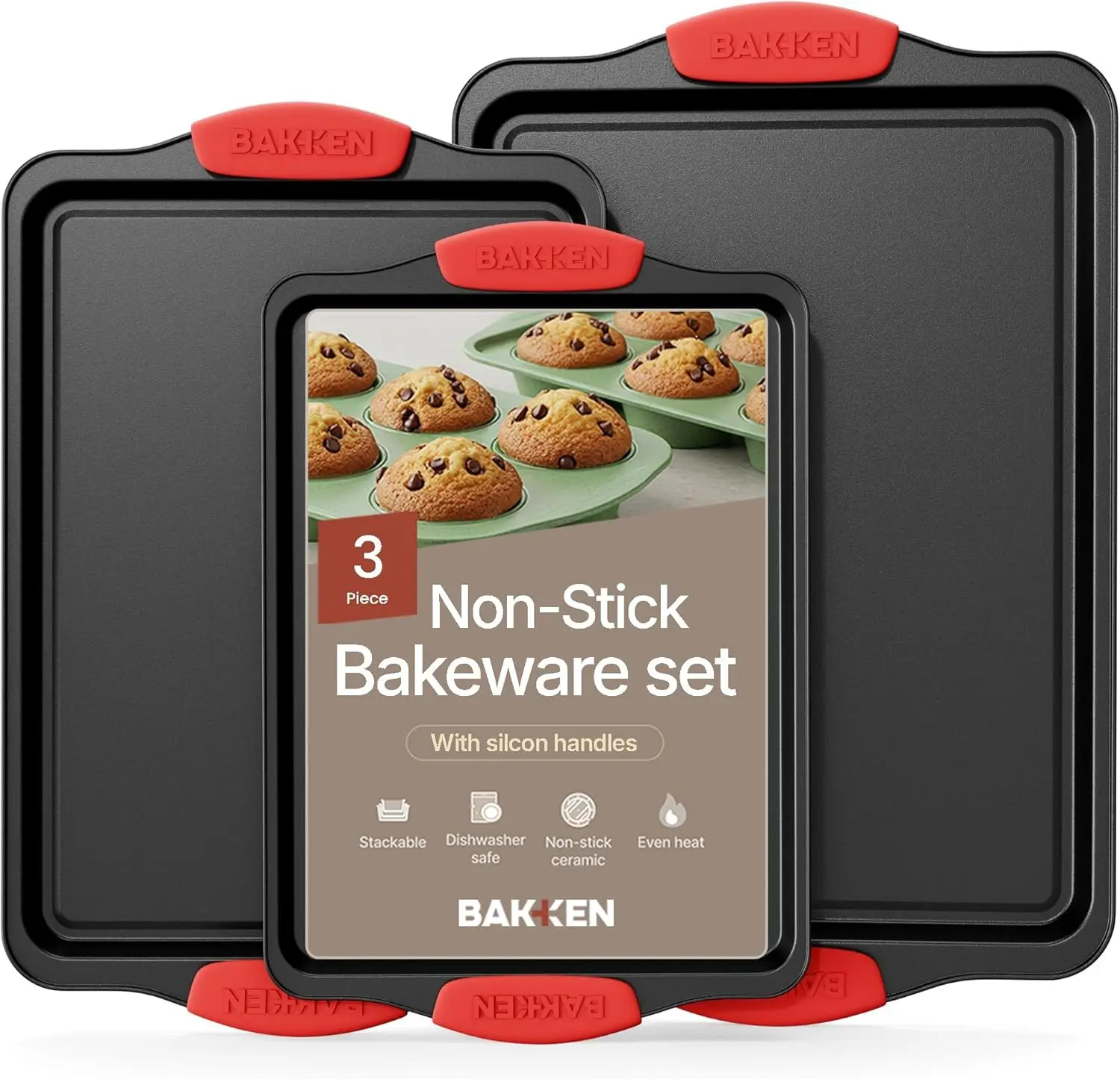 Baking Pan Set – 3 Piece Cookie Sheet – Deluxe Black Non-Stick Carbon Steel – Silicone Handles – Commercial Grade Restaurant Quality
