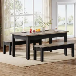 LITTLE TREE Farmhouse Kitchen Table Set for 4-6, 55-Inch Wooden Dining Table with 2 Benches, Space Saving 3 Pieces Heavy Duty Dinette for Dining Room, Kitchen, Small Space