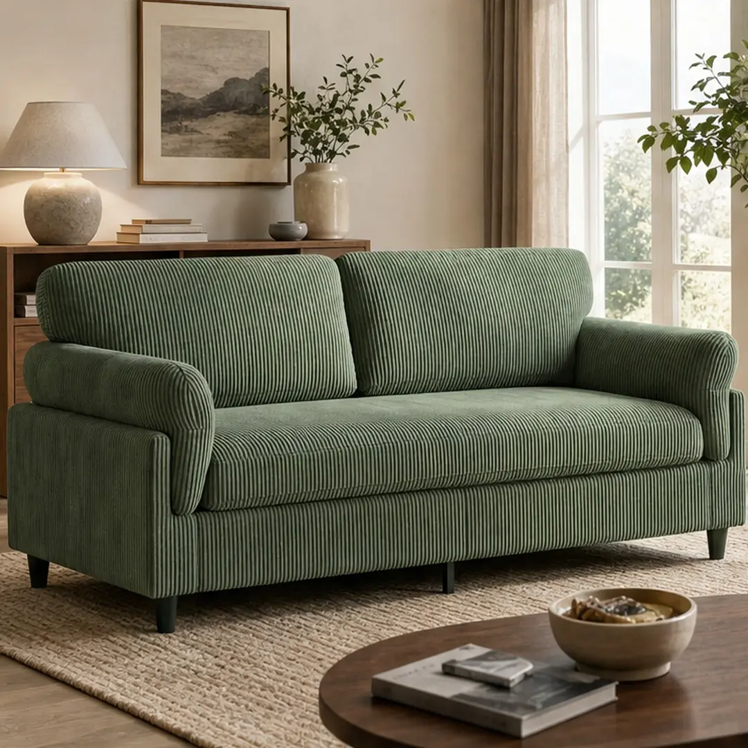 82.6" Corduroy Loveseat Sofa Mid-Century Modern 2-Seater Couch for Living Room Bedroom, Soft Fabric Upholstered Love Seat with Solid Wood & Iron Frame, Multiple Color Options Camel/Green, High-Density Foam, Easy Assembly, Corduroy Material