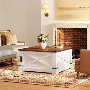 Vintage White Lift Top Coffee Table – Space Saving Living Room Center Table (90x90x47cm) | 50KG Load | Hydraulic Lift + Power Outlet | Hidden Storage & Easy Assembly