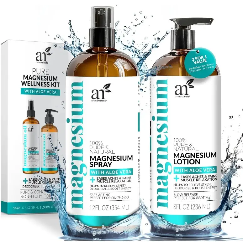 ArtNaturals Magnesium Oil Spray 12 oz + Body Massage Lotion Set 8oz for Feet & Sleep - Extra Strength Cream Ultra-Pure, Relief & Relaxation, Muscle Health Leg & Joint Care Topical Non Itch