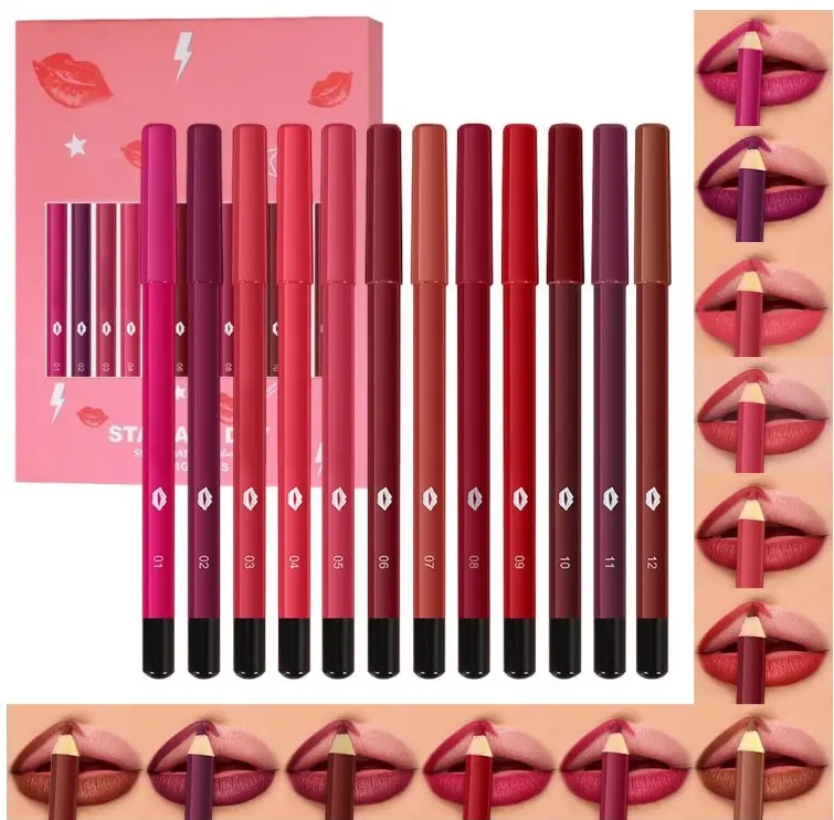 evpct 12Pcs Matte Waterproof Lip Liner Crayon Pencils Set Packs for Shaping & Sculpting Lips, Nude Pink Chestnut Maroon Dark Taupe Brown Plum Purple Deep Red Creamy Lipstick and Lip Liner Set