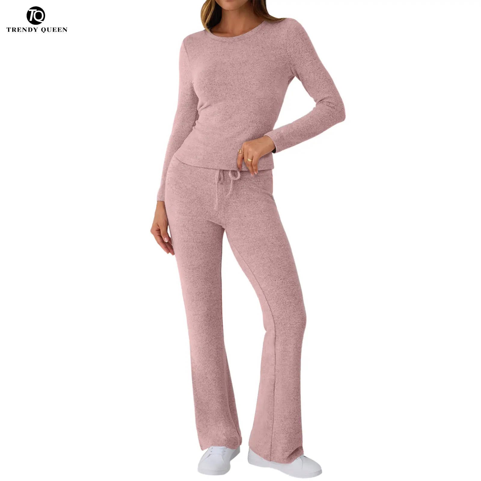 Trendy Queen Women's 2 Piece Foldover Yoga Flare Leggings & Long Sleeve Crop Top Set for Autumn Casual Y2K Outfits, Women's Clothes, Two Piece Set
