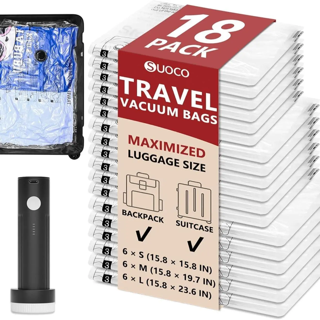SUOCO Travel Vacuum Seal Bags with Rechargeable Electric Pump & Compression Packing Cubes  Airtight, Re-sealable Set Travel Organizers for Luggage Space-Saving Solutions, Vacuum Bags For Travel backtoschool