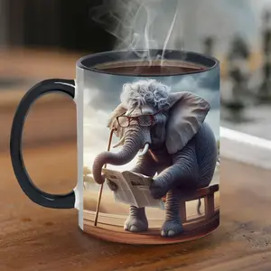 2026  1pc 11oz Whimsical Elephant with Glasses & Newspaper Design Porcelain Coffee Mug - Durable Tea, Milk, Wine Cup - Unique Birthday, Christmas, Office & Party Gift Idea, Elephant Gifts, Playful Kitchenware