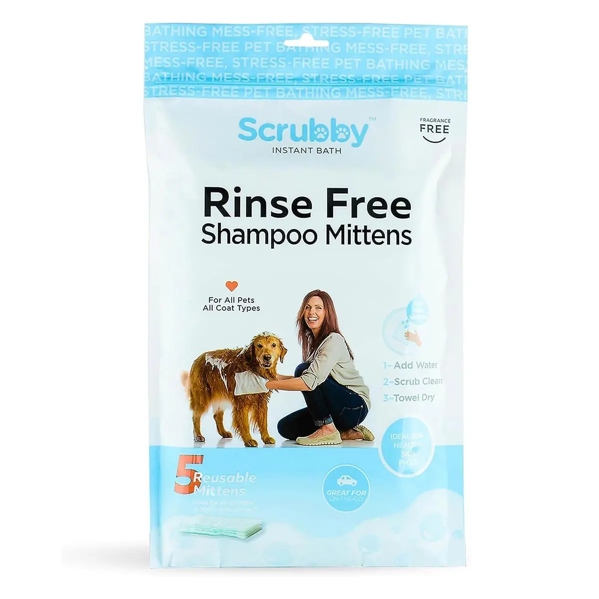 Rinse Free Shampoo Mittens for Dogs, Bath Wipes for Bathing and Washing Pets, Hypoallergenic No Rinse Wash Mitt for Grooming, Lather Wipe Dry - 5 Pack