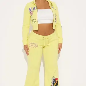 Brands Yellow Hoodie and Sweatpants Set with Floral and Bird Embroidery
