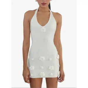 Marry Me Mini Sleeveless Sexy Summer Dress with Crochet Flower Appliques & Adjustable Lace Up Back Closure