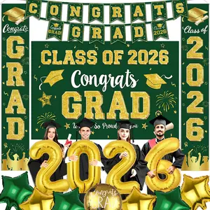 Graduation Decorations Set Class of 2026 - Green and Gold Party Supplies with Congrats Grad Backdrop & Banner,Porch Sign,Foil Balloons Grad Congrats for Graduation Decorations