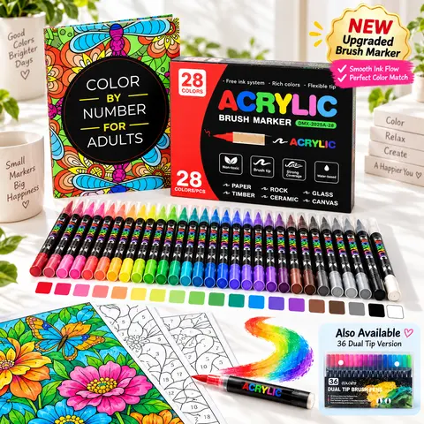 Adult Paint by Numbers Art Craft Kit - 36 Colors Dual Tip Brush Pens, Premium Flexible-Tip Detail Supplies, Handcraft Set, Drawing Painting Kit, DIY Craft Gifts for Stress Relief & Creative Self-Expression
