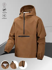 One black half-zip pullover with hoodie, outdoor camping style, large pockets, made of stain-resistant fabric, suitable for outdoor activities like hiking and mountaineering, also perfect for everyday wear.