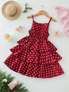 Girls' Polka Dot Halter Dress with Layered Design, Pleated Ruffle Dress, Elastic Waist Summer Fashion, Casual Wear for Beach Vacation Fun Dress, Ruffled Dress
