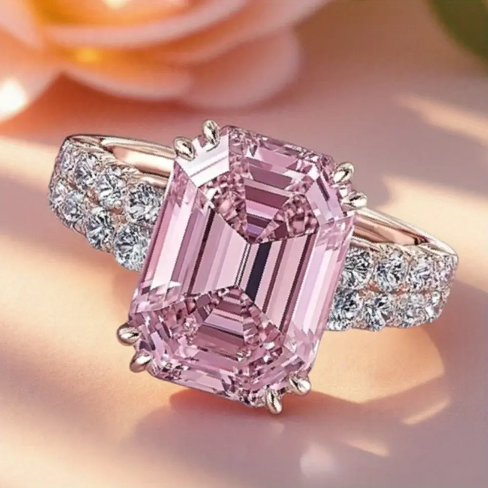 Sweet Shiny Pink Square Birthstone Ring - High-Quality Women's Costume Jewelry, Bridal Engagement Ring, Anniversary Gift, Valentine's Day Daily Casual Accessory