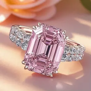 Shiny Pink Square Ring, Bridal Engagement/Wedding/Anniversary Ring, Cute Style for Girls & Students, High-Quality Birthstone Jewelry for Fashionable Women, Valentine's Day & Christmas Gift, Daily Casual Accessory