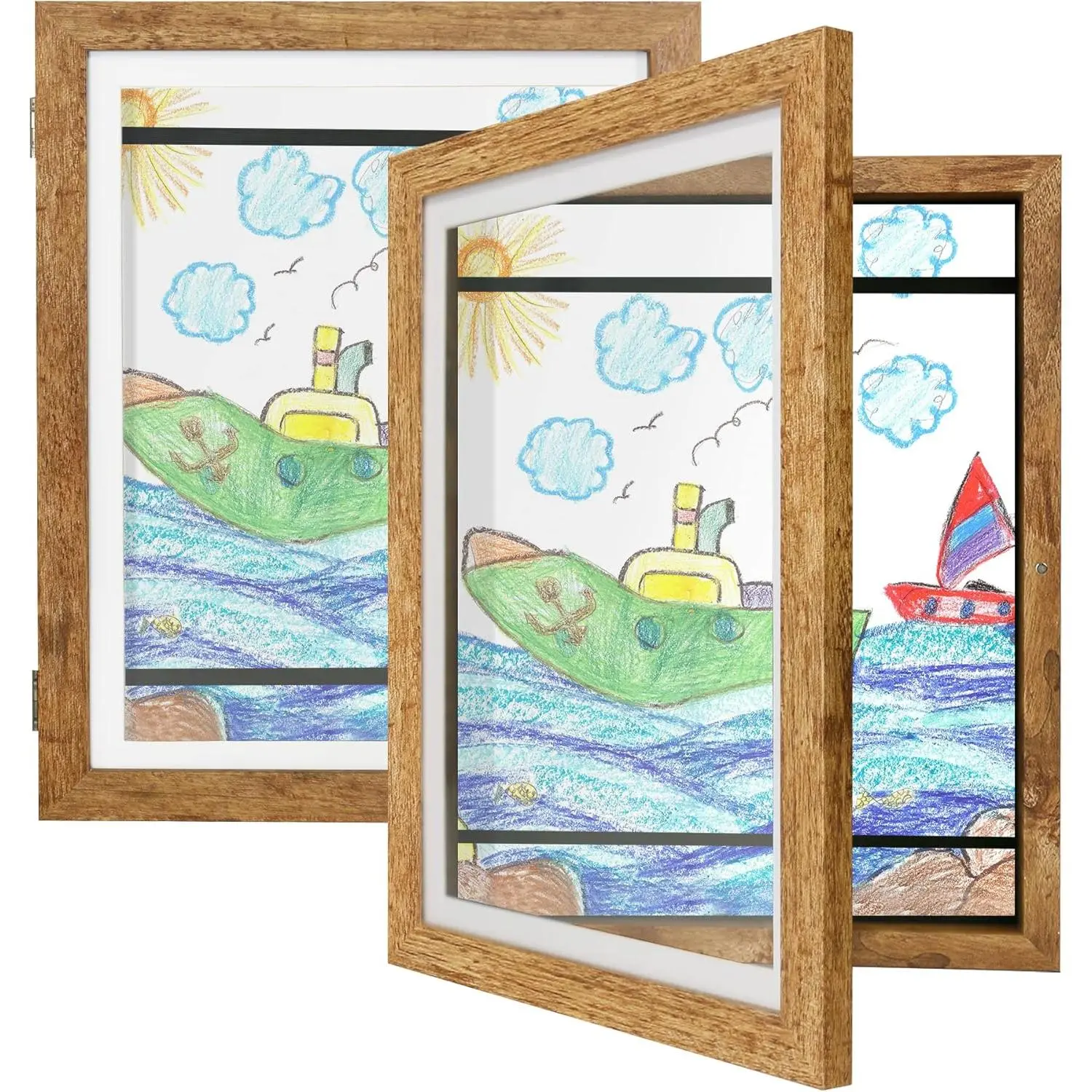 Artwork Frame Set of 2 - 8.5x11 Front Opening  Art Frames Changeable, Brown Artwork Display Storage Frame for Wall Mount,  Door Holds 50 Art Pieces for Drawings, 3D Picture, Crafts, Portfolio
