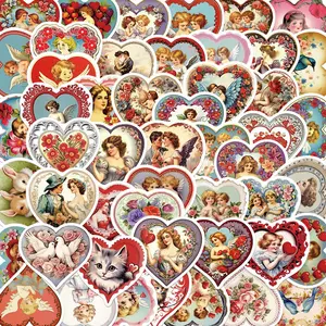 Vintage Heart Shaped Sticker, 50pcs/set Romantic Lovely Heart Pattern Sticker, DIY Decorative Sticker for Phone Case, Water Bottle, Laptop, Scrapbook, Ornaments