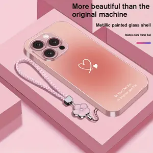 Heart-shaped Gradient Metallic Paint Glass Phone Case with Lanyard Suitable for iPhone 16/16 Plus/16 Pro/16 Pro Max/15/15 Plus/15 Pro/15 Pro Max/14/14 Plus/14 Pro/14 Pro Max/13/13 Pro/13 Pro Max/13 Mini/12/12 Pro/12 Pro Max/12 mini/11/11 Pro Max/XS/XR/XS