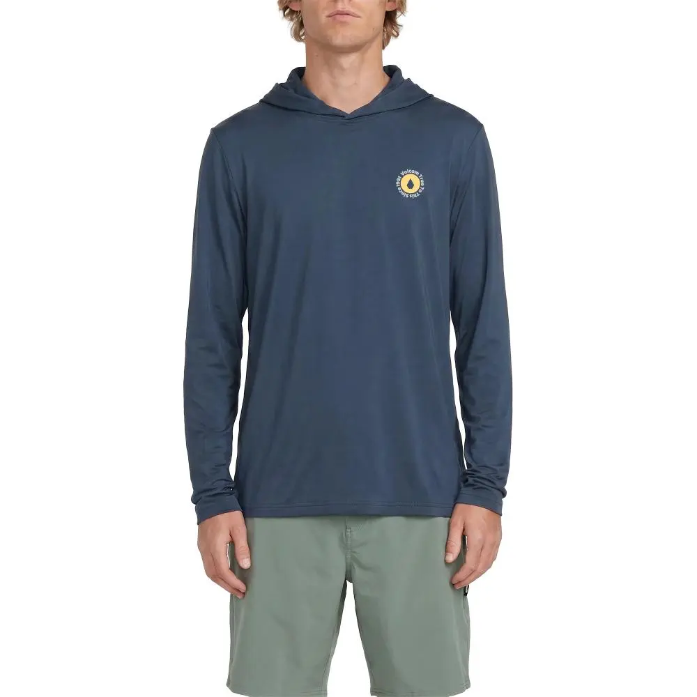 Volcom Men's Crawdad Palm Print Long Sleeve Hooded UV-Protective Rashguard - Beach Surfing Swimwear for Paddle Days, Comfortable Layering, Pool Use, Blue Palm, Uv Protection