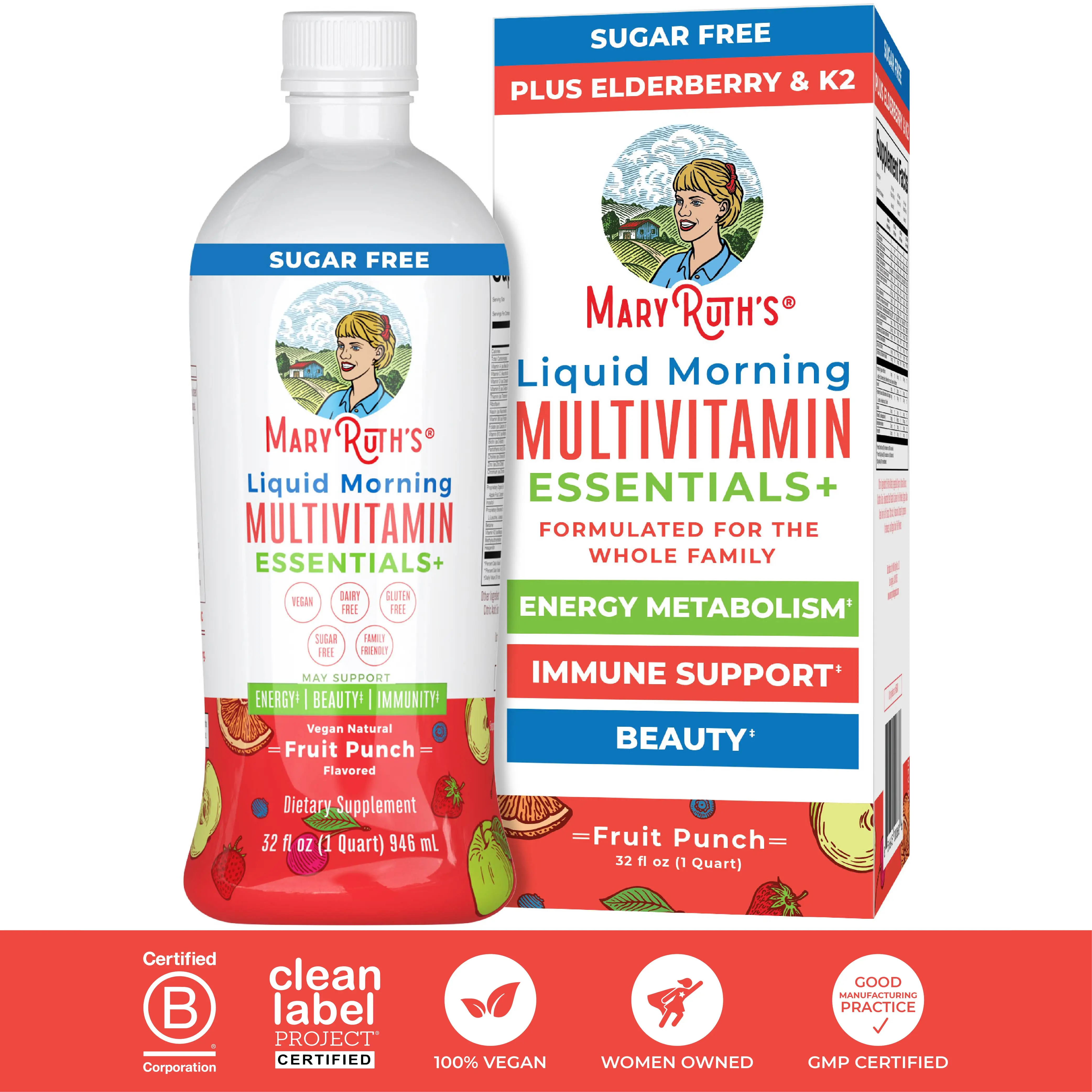 MaryRuth's Liquid Morning Multivitamin Essentials+ - B Complex Vitamins - Vitamins A, C, D, E, K - Zinc - Elderberry - Beauty - Sugar Free - 32 Fl Oz