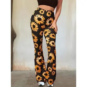 Black Stretchy Polyester High-Waisted Sunflower Print Bell-Bottom Pants — All-Season Women’s Flares with Yellow & Orange Floral Fabric