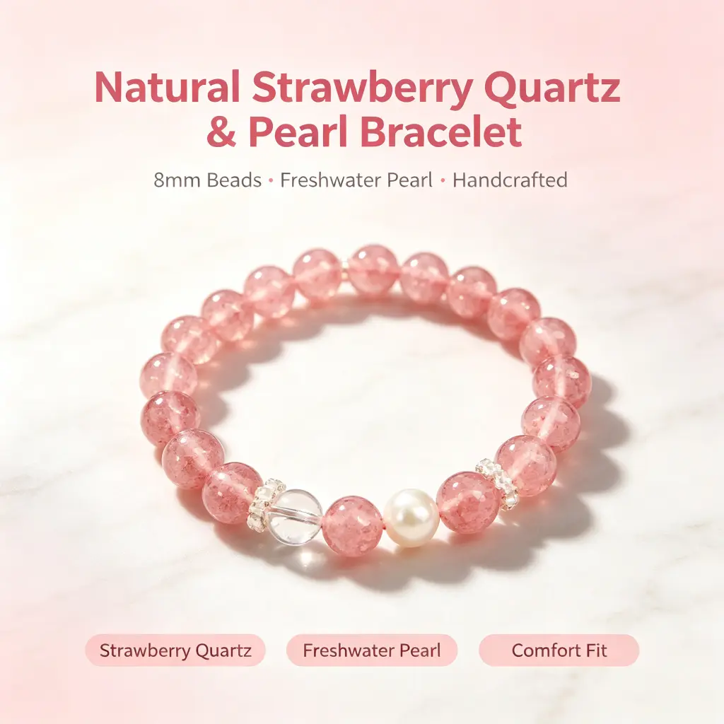 Natural Strawberry Quartz Bracelet – 8mm Handmade Beaded Bracelet with Freshwater Pearl & Clear Quartz, Pink Stretch Bracelet for Women，jewelry