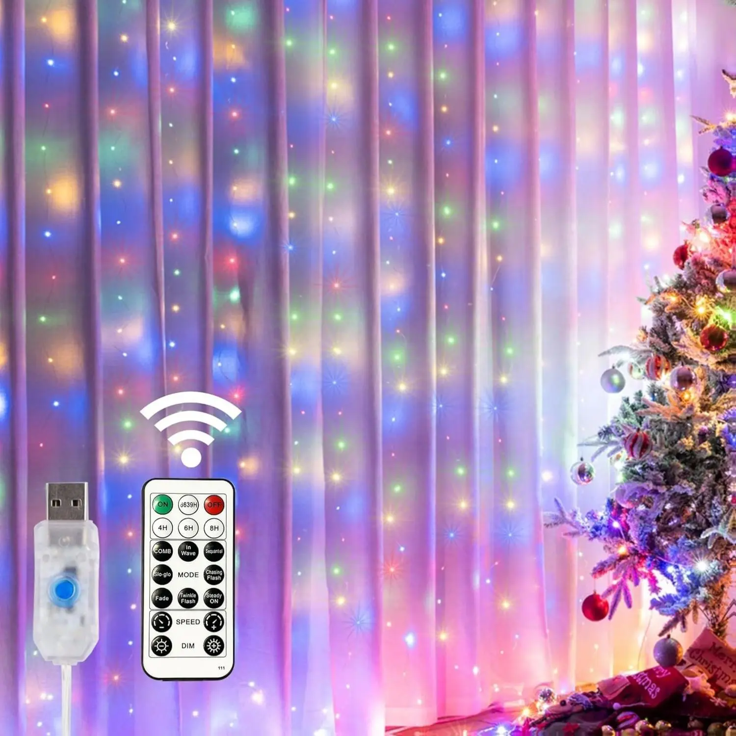 [New deal] -  Window Curtain String Lights, 300 LED 8 Lighting Modes Fairy Copper Light with Remote, USB Powered Waterproof for Christmas Bedroom Party Wedding Home Garden Wall Decorations, Multicolor