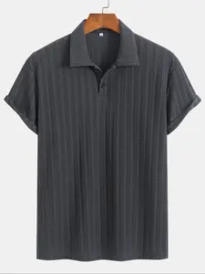 Men's Regular Fit Solid Jacquard Button Textured Polo Shirt, Casual Short Sleeve Polo Top for Summer, Fashion Men's Clothes for Daily Wear