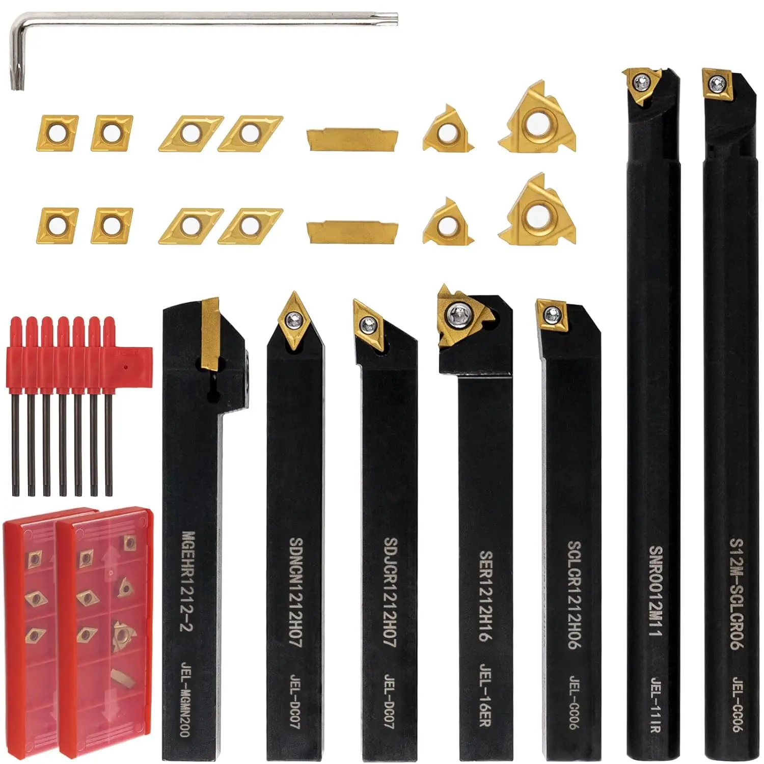21 PCS Set, Indexable Lathe Turning Tools, 1/2" 12mm Shank, 7 PCS Metal Lathe Cutting Tool Holder with 14 PCS Carbide Turning Inserts, Carbide Lathe Turning Tools for Turning, Grooving, Threading, and Boring