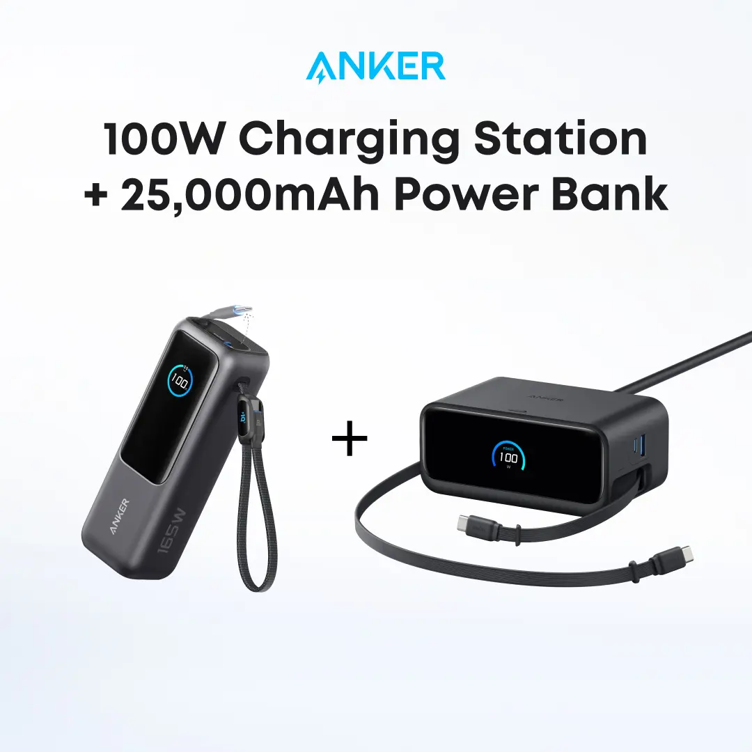 Anker Portable Laptop Power Bank with Built-In Cables, 25,000mAh High-Capacity Battery, Fast Charging for 4 Devices and Anker Nano Charging Station, 7-in-1 USB-C Power Strip, 2.3 ft Anker InstaCord Retractable Cable, 3 USB-C, 1 USB-A, 3 AC,