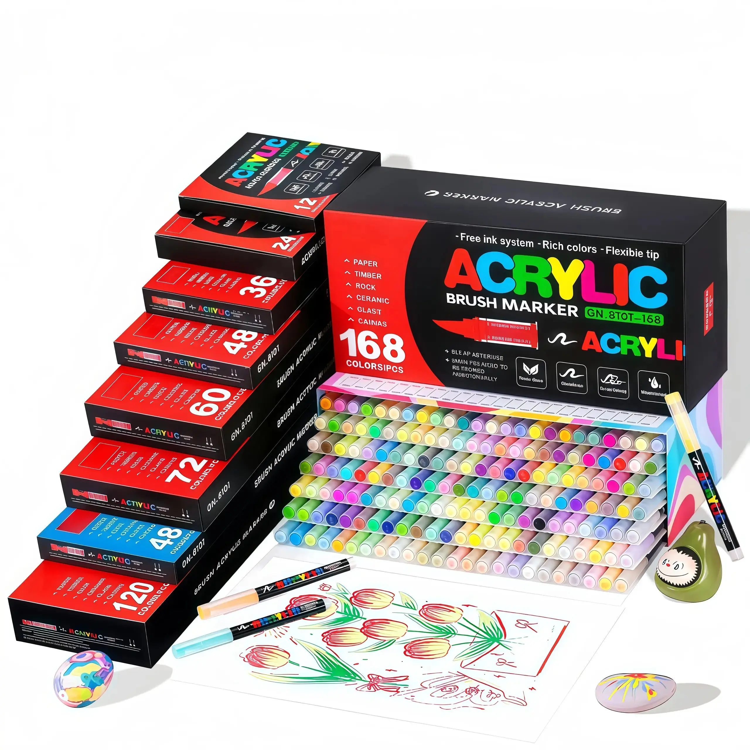 Acrylic Paint Markers Art Automatic Ink Control Brush Fine Tip Pens for Rock Painting Ceramic Wood Glass Stone Fabric Canvas DIY Crafts Pastel Shades with Storage Box Non Toxic Not Edible - Gifts stress relief toy