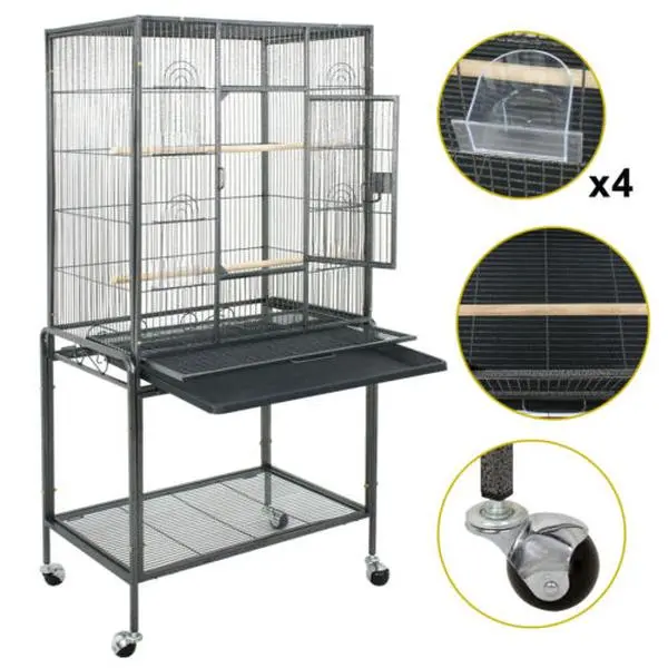 ZENY 53-Inch Durable Iron Cage with Wood Accents - Rolling Wheel Stand, Roosting Perch, Easy-Clean Design, for Cockatiels, Black