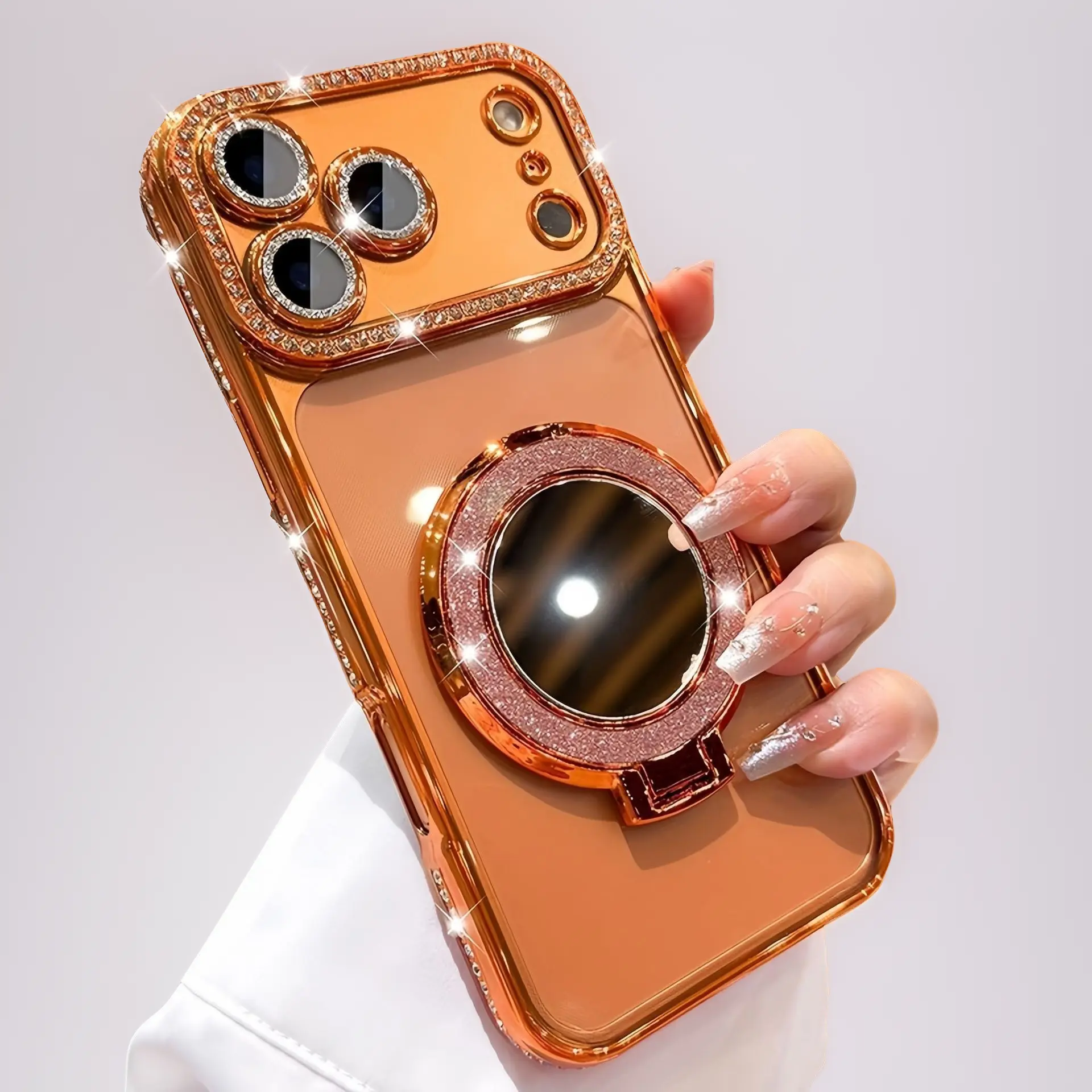 Luxury Rhinestone Cellphone Case, Heat-Resistant Transparent Polycarbonate Accessories for iPhone 18 Pro Max/17 Pro Max, Full Cover Anti-Drop Protection, Glitter Makeup Mirror Stand, Magnetic Holder, Lens Guard Shine Sparkle Frame