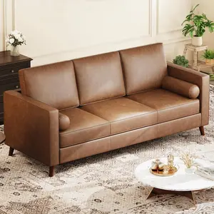 Garvee 81" Leather Sofa for Living Room, Mid-Century Modern Couch with Deep Seats, Brown Faux Leather Couch, 3 Seat Sofa with Removable Cover for Apartment, Office