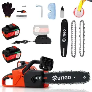 OUTIGO 21V Cordless Chainsaw with 2 Batteries 2 Chains Protective Gear and Charger Efficient Woodcutting Tool for Garden and Farm Use Heavy Duty Blade